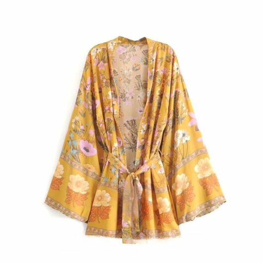 Robe Kimono Courte Manches Chauve-Souris Imprimé Floral jaune 2