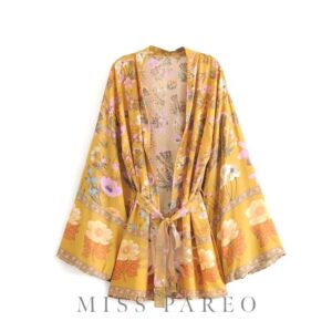 Robe Kimono Courte Manches Chauve-Souris Imprimé Floral jaune