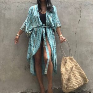 Robe Kimono Tie and Dye Manches Mi-longues bleu ciel