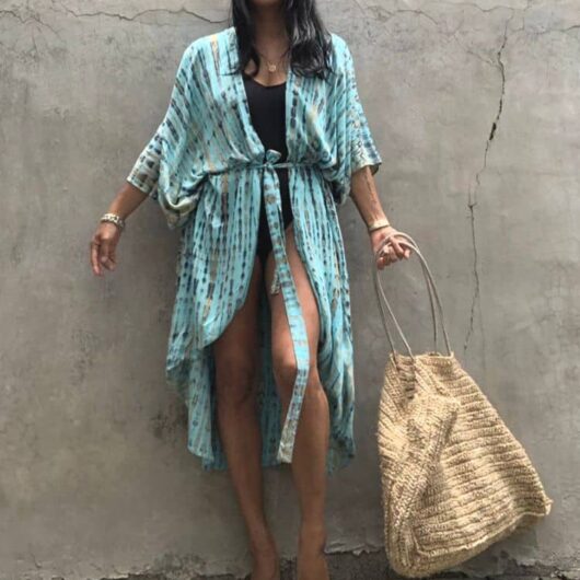 Robe Kimono Tie and Dye Manches Mi-longues bleu ciel