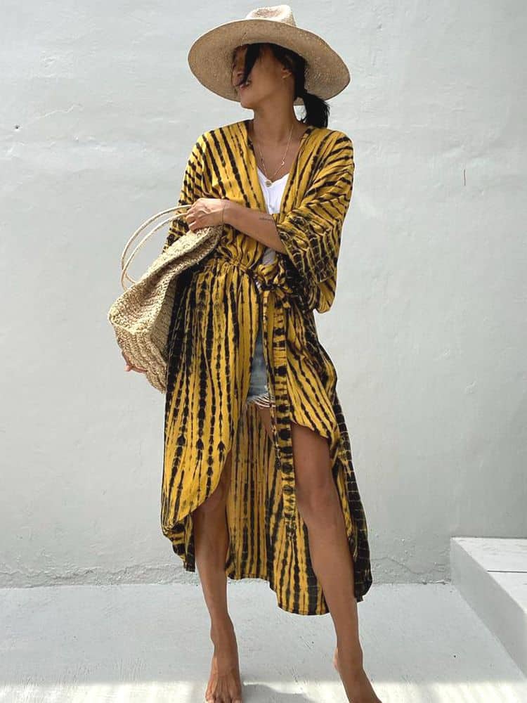 Robe Kimono Tie and Dye Manches Mi-longues jaune
