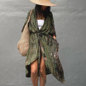 Robe Kimono Tie and Dye Manches Mi-longues vert