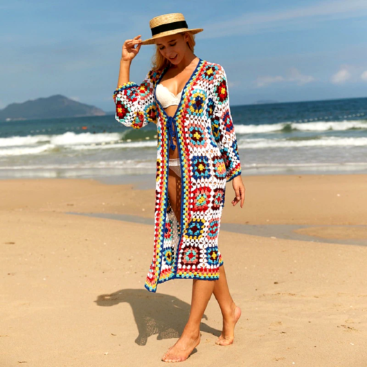 Robe Kimono en Crochet Coloré et Manches Longues produit