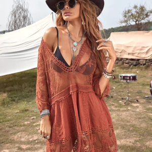 Robe bohème courte à dentelles transparentes rouge brique