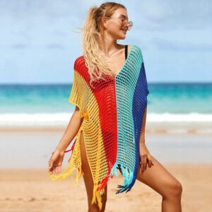 Robe de Plage Courte Transparente en Crochet Multicolore C