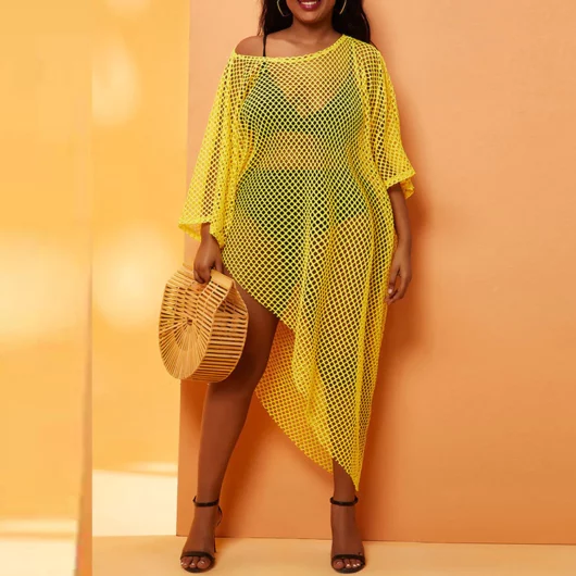 Robe de Plage Grande taille Mailles Jaunes Col Bateau produit