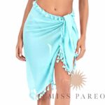 Sarong Mi-long Semi Transparent à Pompons bleu