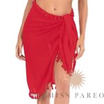 Sarong Mi-long Semi Transparent à Pompons rouge