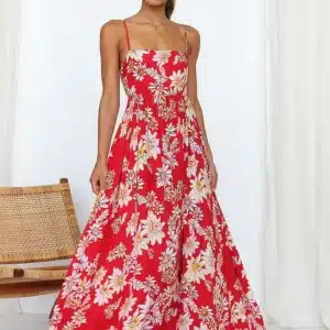 Longue Robe Bohème Fleurie à Dos Nu et Col Carré rouge