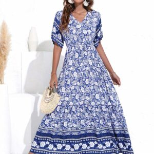 Longue Robe Bohémienne à Col V et Motifs Fleuris bleu