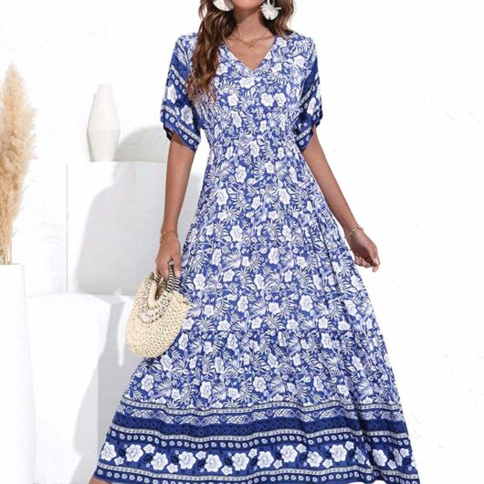 Longue Robe Bohémienne à Col V et Motifs Fleuris bleu