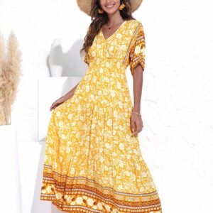 Longue Robe Bohémienne à Col V et Motifs Fleuris jaune