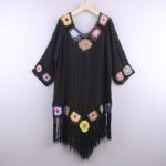 Robe Courte Transparente Semi-Crochet à Franges noir