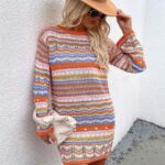 Robe Crochet Courte Colorée à Manches Longues ORANGE