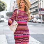 Robe Crochet Courte Colorée à Manches Longues ROSE FONCE