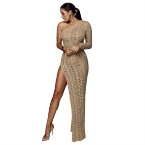 Robe Crochet Fendue Asymétrique camel