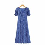 Robe Longue Vintage Fendue Effet Floral bleu