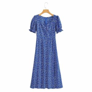 Robe Longue Vintage Fendue Effet Floral bleu