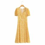 Robe Longue Vintage Fendue Effet Floral jaune