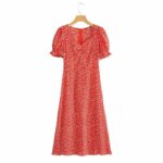 Robe Longue Vintage Fendue Effet Floral rouge