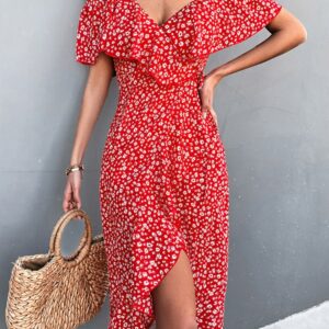 Robe Portefeuille Fendue à Motifs Floraux rouge