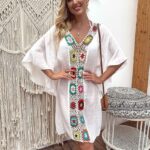 Robe de Plage Semi-Crochet à Col en V blanc