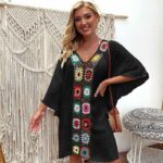 Robe de Plage Semi-Crochet à Col en V noir