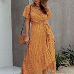 Robe Portefeuille à Pois et Col V Style Boho jaune