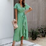 Robe Portefeuille à Pois et Col V Style Boho vert