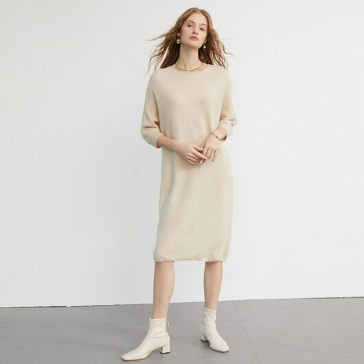 Robe Pull Semi-Longue en Cachemire Pur beige clair