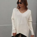 Robe Pull à Manches Chauve-Souris et Col V beige clair