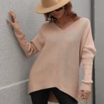 Robe Pull à Manches Chauve-Souris et Col V beige foncé