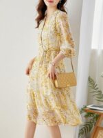 Robe Automne Midi Semi Transparente Imprimé Floral jaune