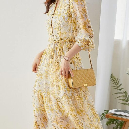 Robe Automne Midi Semi Transparente Imprimé Floral jaune