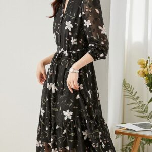 Robe Automne Midi Semi Transparente Imprimé Floral noir produit