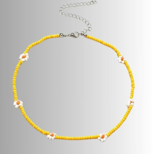 Collier Ras du Cou Vintage Bohème Perles et Fleurs Marguerite jaune