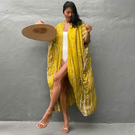 Longue Robe Kimono de Plage en Tie and Dye jaune