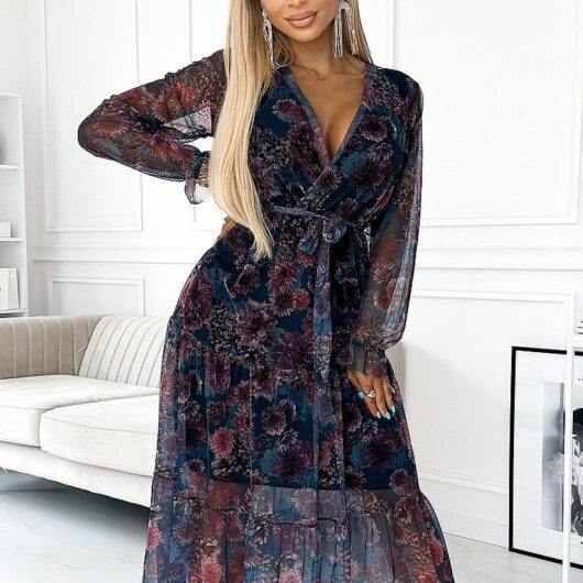 Robe Automne à Décolleté et Manches Longues en Viscose bleu foncé