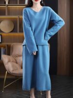 Robe Pull Composée à Manches Longues et Col V bleu