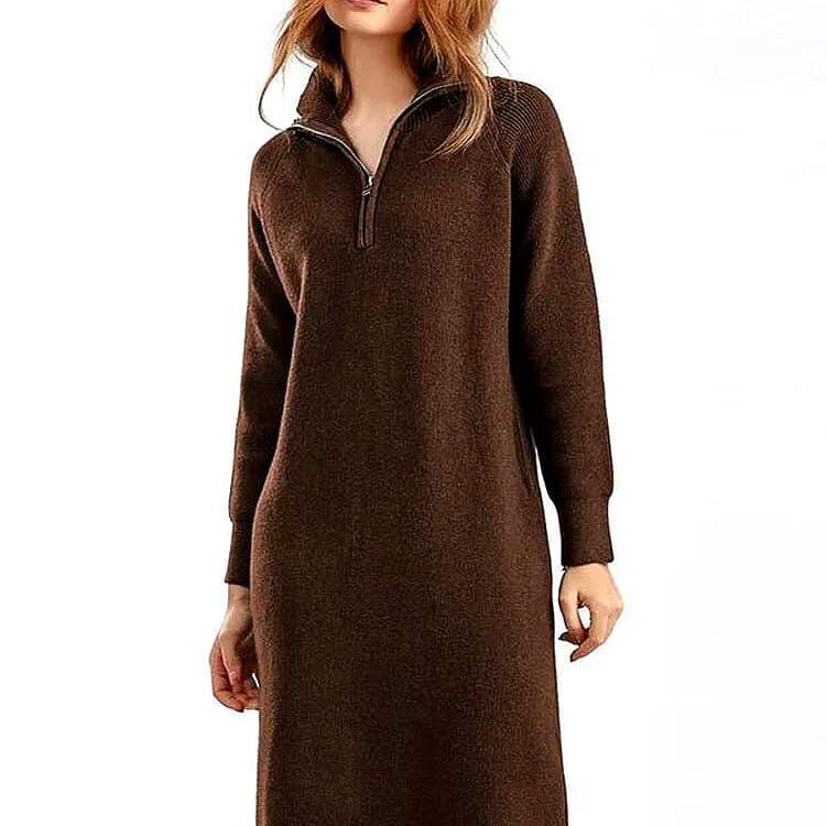 Robe Pull Hiver à Col Roulé et Fermeture Eclair marron