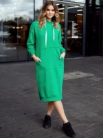 Robe Pull en Coton à Capuche avec Poches Kangourou vert