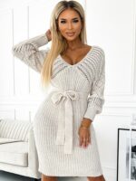 Robe pull beige ajourée tricot et sa ceinture PRODUIT