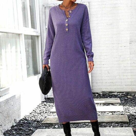 Longue Robe Pull Légère à Col Boutonné VIOLET